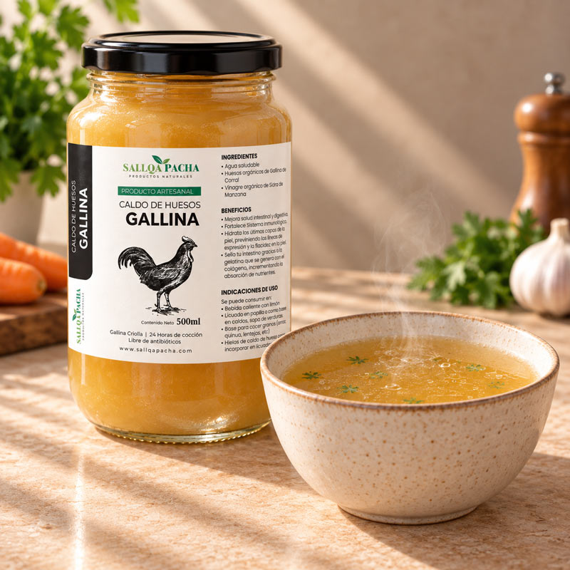 caldo de huesos de gallina de corral
